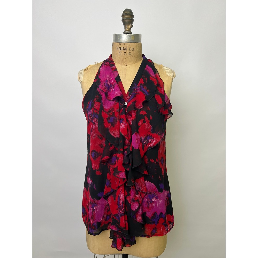 Vince Camuto Red Pink Floral Ruffle Halter Blouse Top Size 6